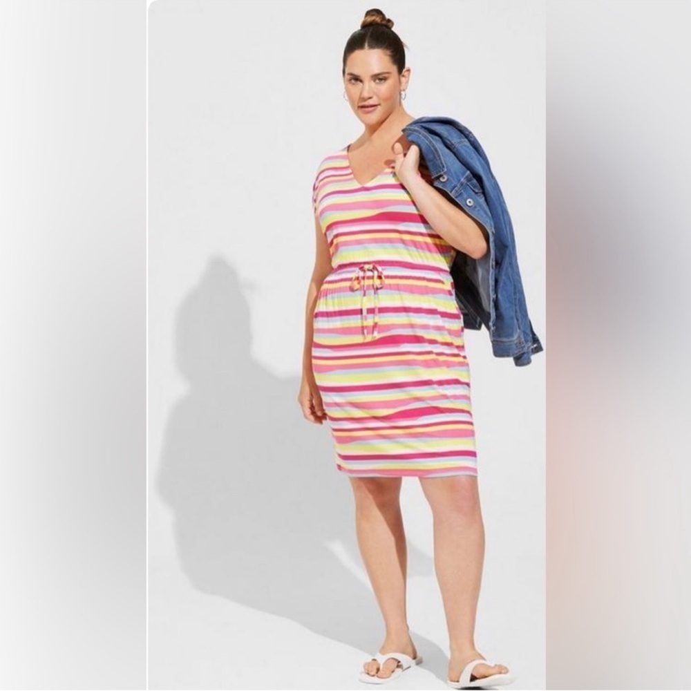 Torrid 2X 18/20 Pink Yellow Striped Mini Dress Soft Knit Drawstring Waist Casual